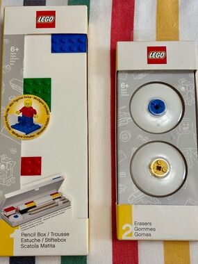 LEGO Bundle: Hardcase pencil case with minifigure & two erasers. BNWT.